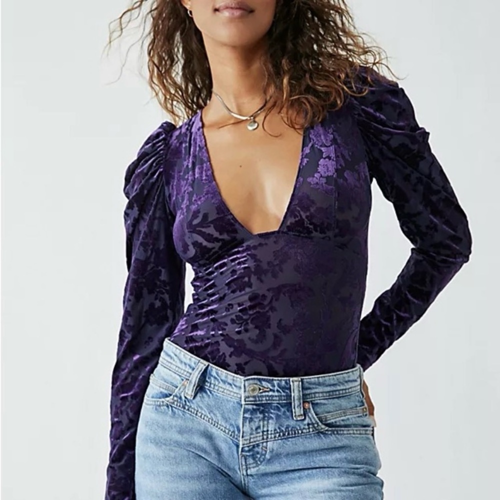 Free People Intimately Magic Hour Floral Velvet Bodysuit in Deep Purple Size S